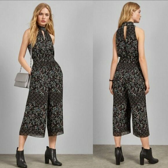 TED BAKER Marcila Hazel Floral Halterneck Jumpsuit Crop Wide Leg Open Back Sz 4 - Picture 1 of 16